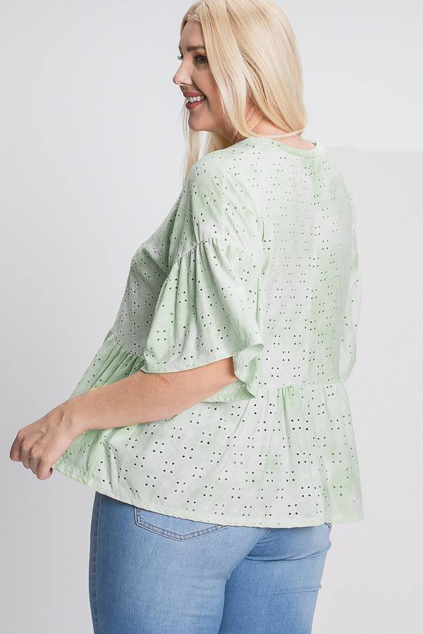 Tie Dye Ruffled Sleeves And Bottom Eyelet Blouse - Pearlara