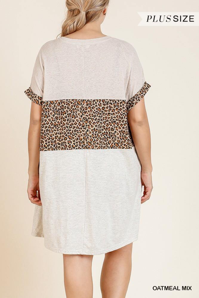 Linen Blend Short Folded Sleeve Animal Print Colorblocked V-neck Dress With Pockets - Pearlara