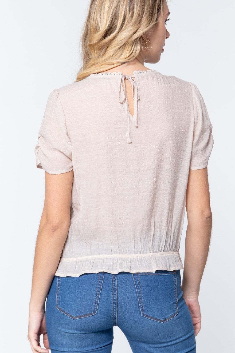 Short Shirring Slv Pleated Woven Top
