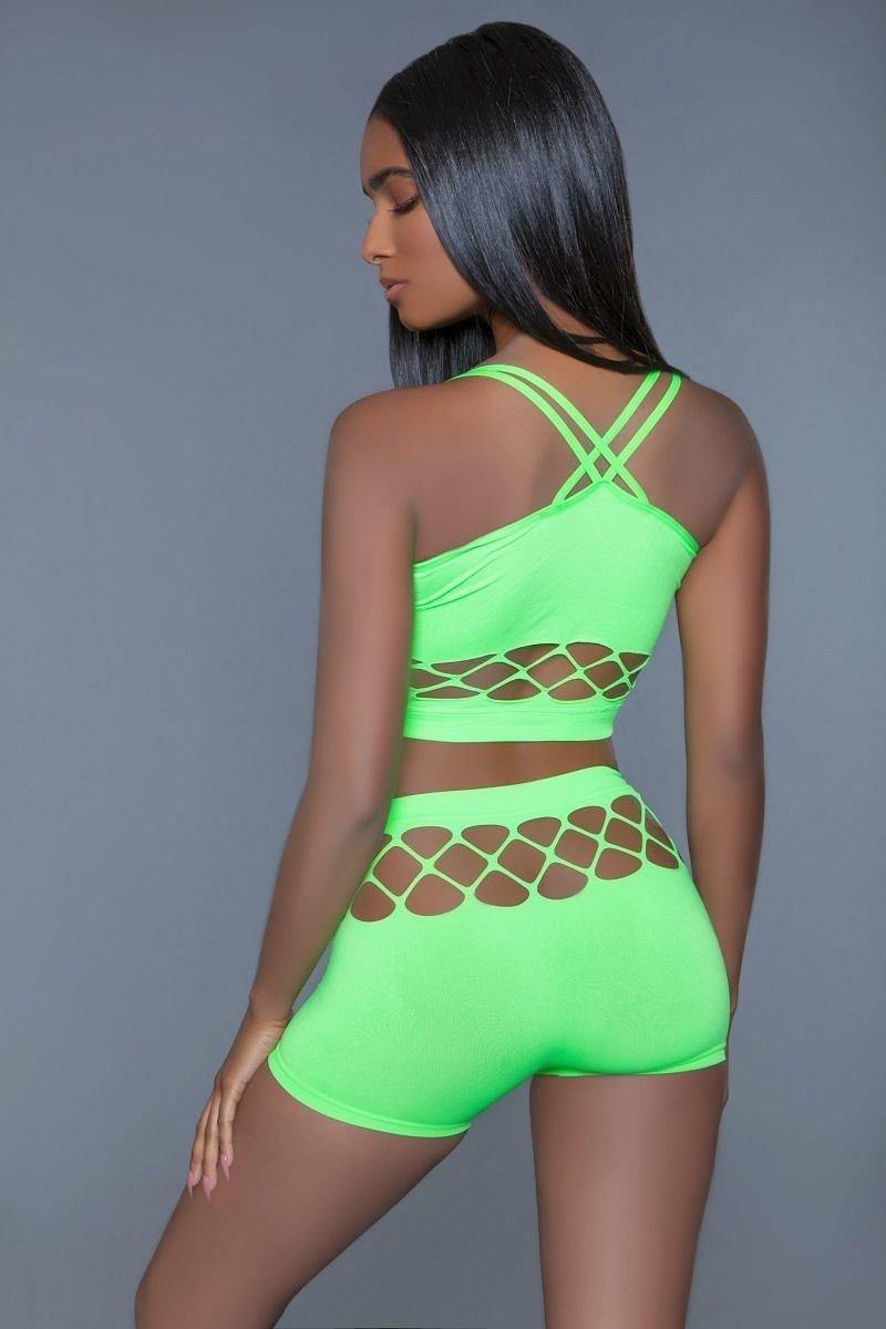 2 pc silk fishnet set that includes a tank crop top with criss-cross cami straps and a pair of high waisted booty shorts. - Pearlara