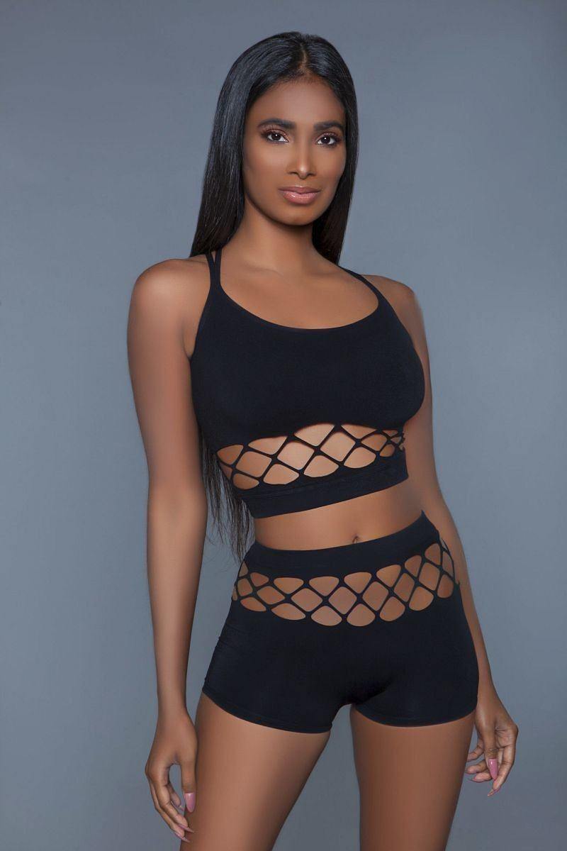 2 pc silk fishnet set that includes a tank crop top with criss-cross cami straps and a pair of high waisted booty shorts - Pearlara