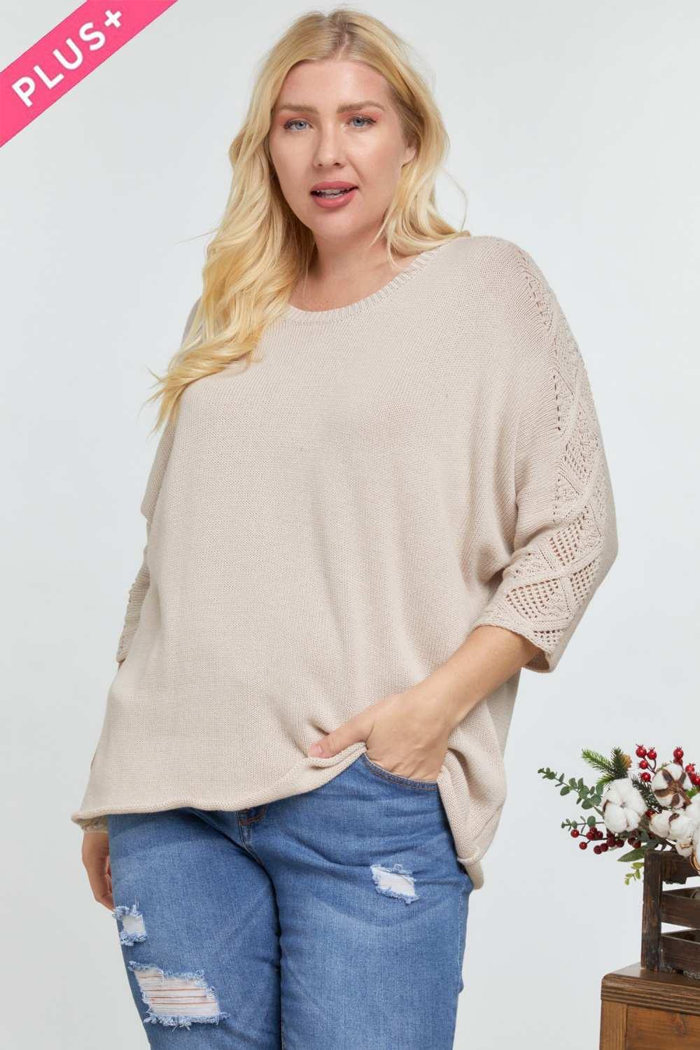Solid Round Neck 3/4 Sleeve Sweater Top - Pearlara