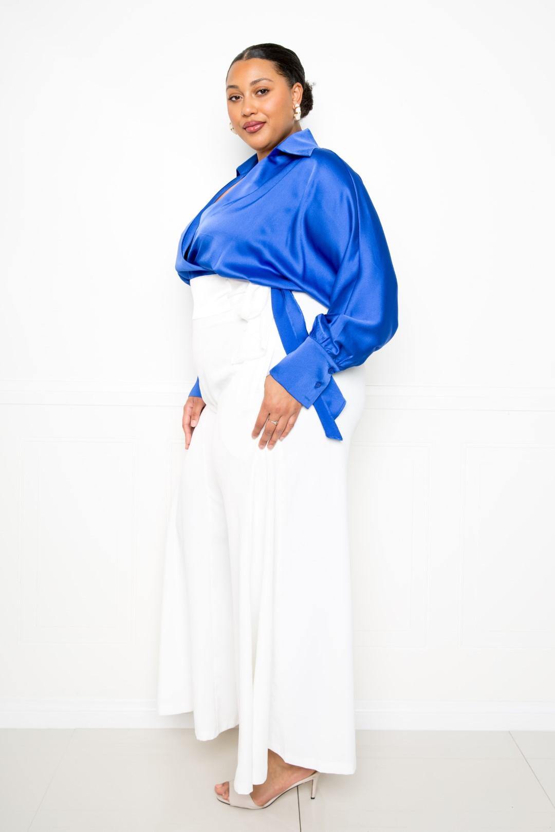 Satin Long Sleeve Tie Waist Wrap Top - Pearlara