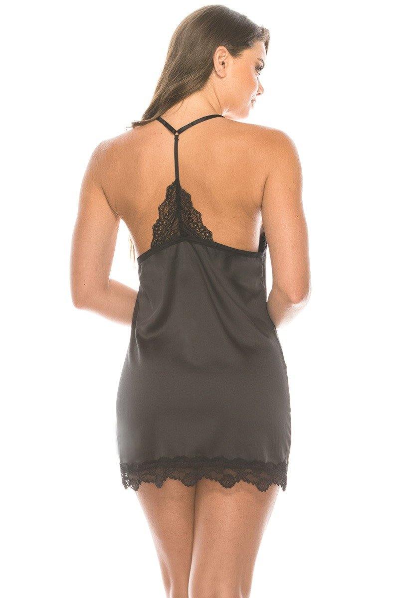 2 Piece Satin Lace Trimmed Slip Set With Matching Thong - Pearlara