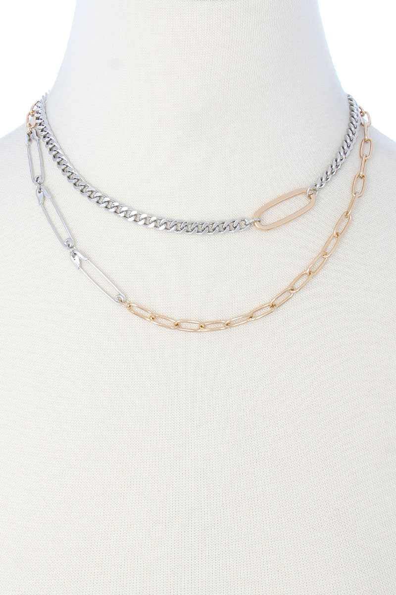2 Layered Metal Clothing Pin Chain Multi Necklace - Pearlara