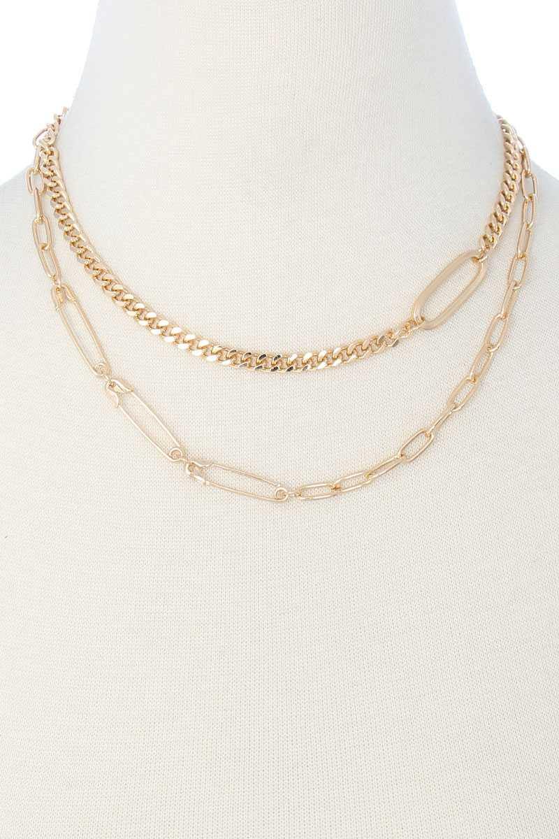2 Layered Metal Clothing Pin Chain Multi Necklace - Pearlara