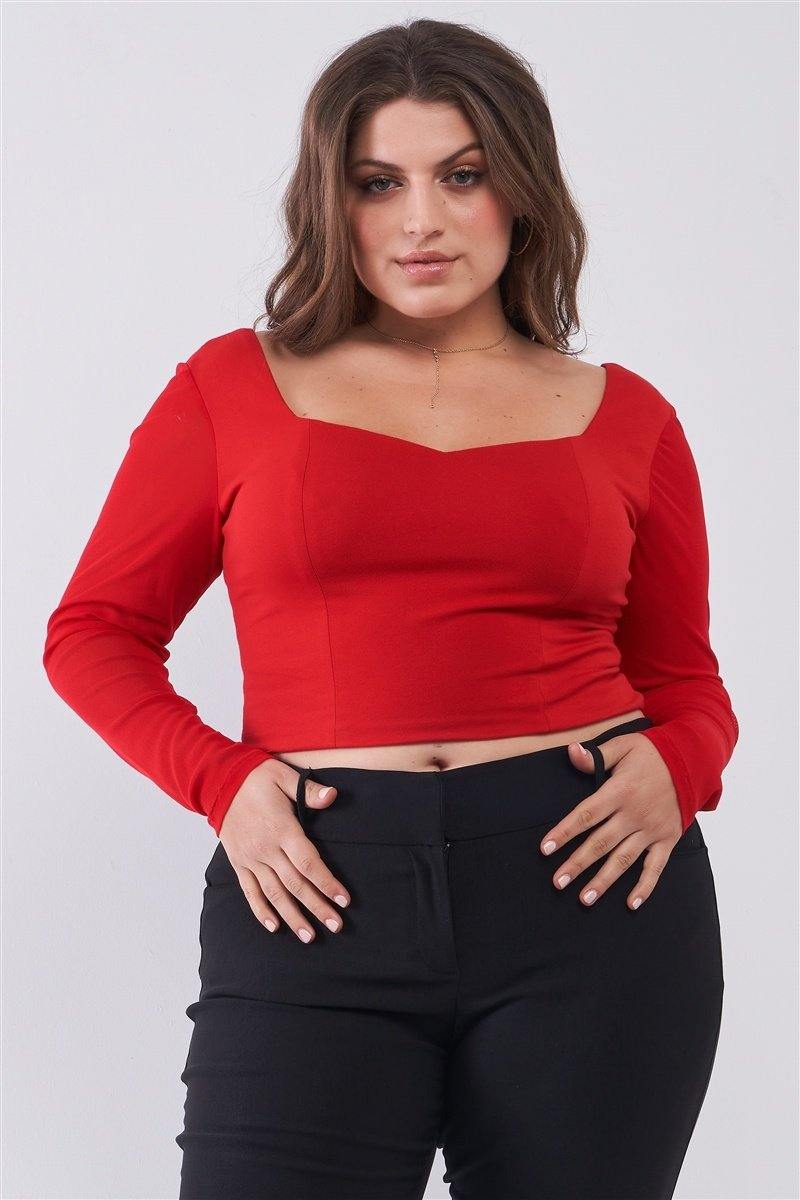 Plus Size Crimson Red Long Mesh Sleeve Sweetheart Neck Detail Structured Crop Top - Pearlara