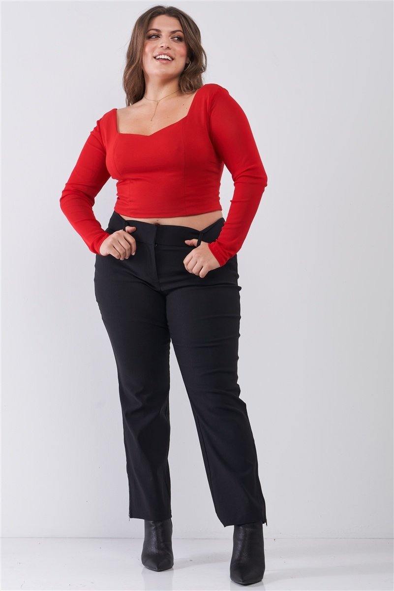 Plus Size Crimson Red Long Mesh Sleeve Sweetheart Neck Detail Structured Crop Top - Pearlara