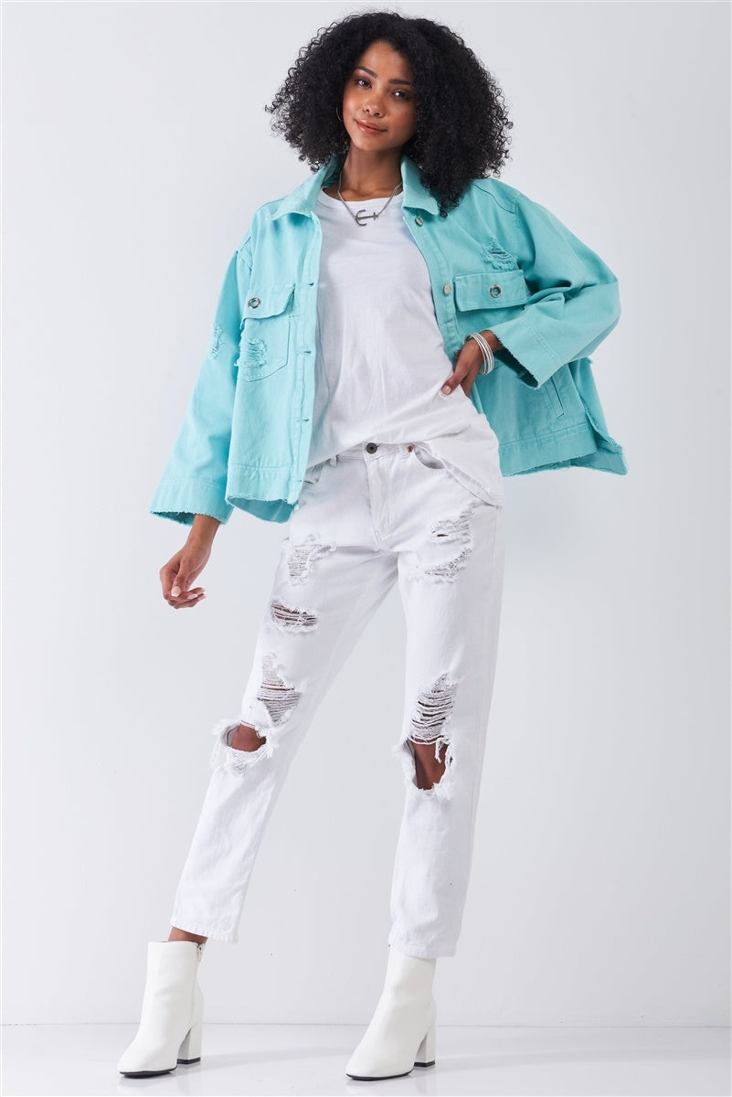 Washed Distressed Button-down Front Raw Hem Detail Wide Sleeve Oversized Denim Jacket