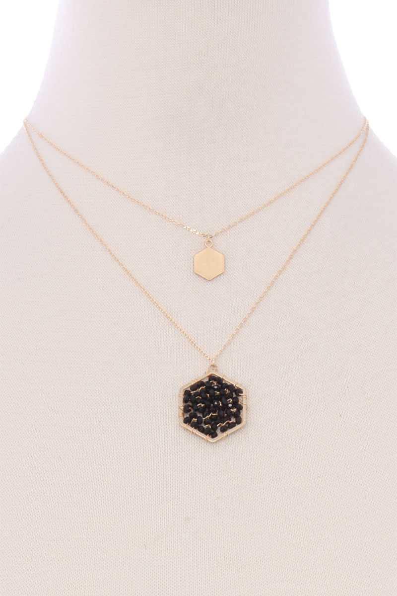 2 Layered Geometric Glass Bead Pendant Necklace - Pearlara