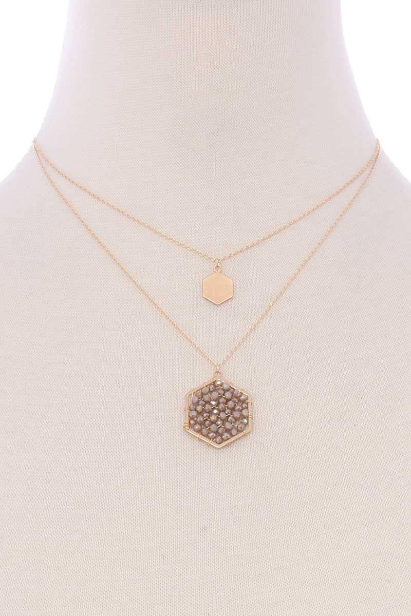 2 Layered Geometric Glass Bead Pendant Necklace - Pearlara