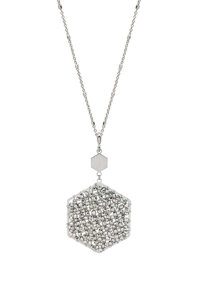 Fashion Glass Bead Hexagon Pendant Long Necklace