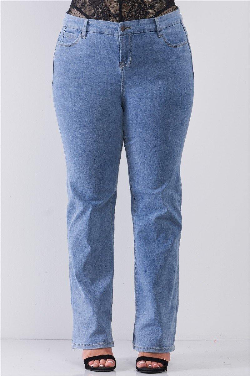 Plus Mid-wash Blue Denim Low-rise Wide-leg Upsized Basic Dad Jeans - Pearlara