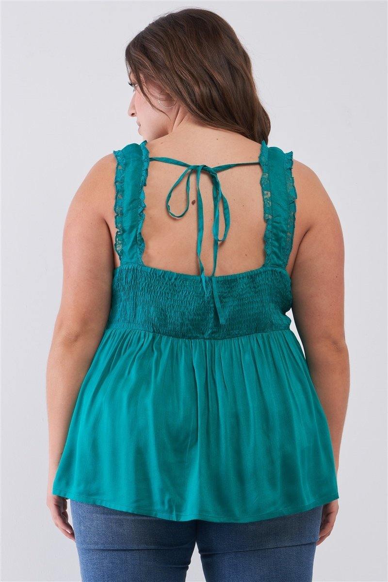 Plus Lace Trim Sleeveless Gathered Front With Self-tie Drawstring Top - Pearlara