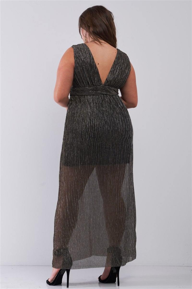 Plus Black & Gold V-neck Sleeveless Pleated Fabric Maxi Dress - Pearlara