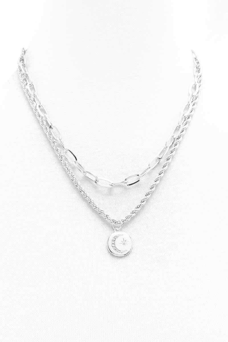 2 Layered Metal Chain Round Pendant Necklace - Pearlara