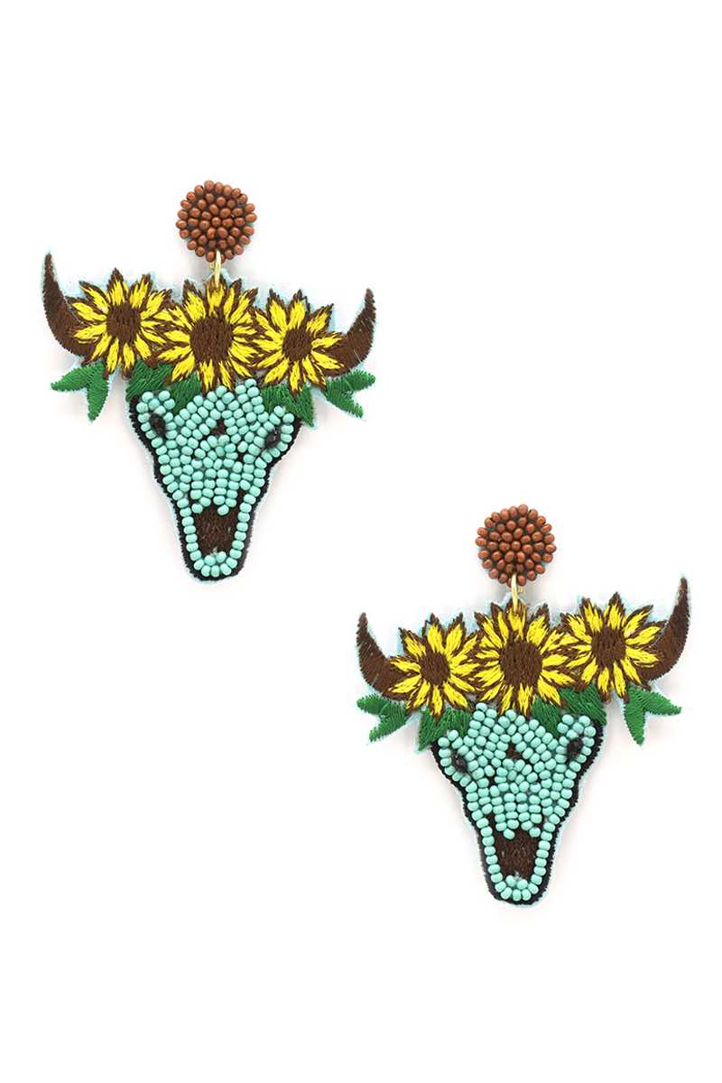 Seed Bead Carved Cow Skull Sunflower Dangle Earring