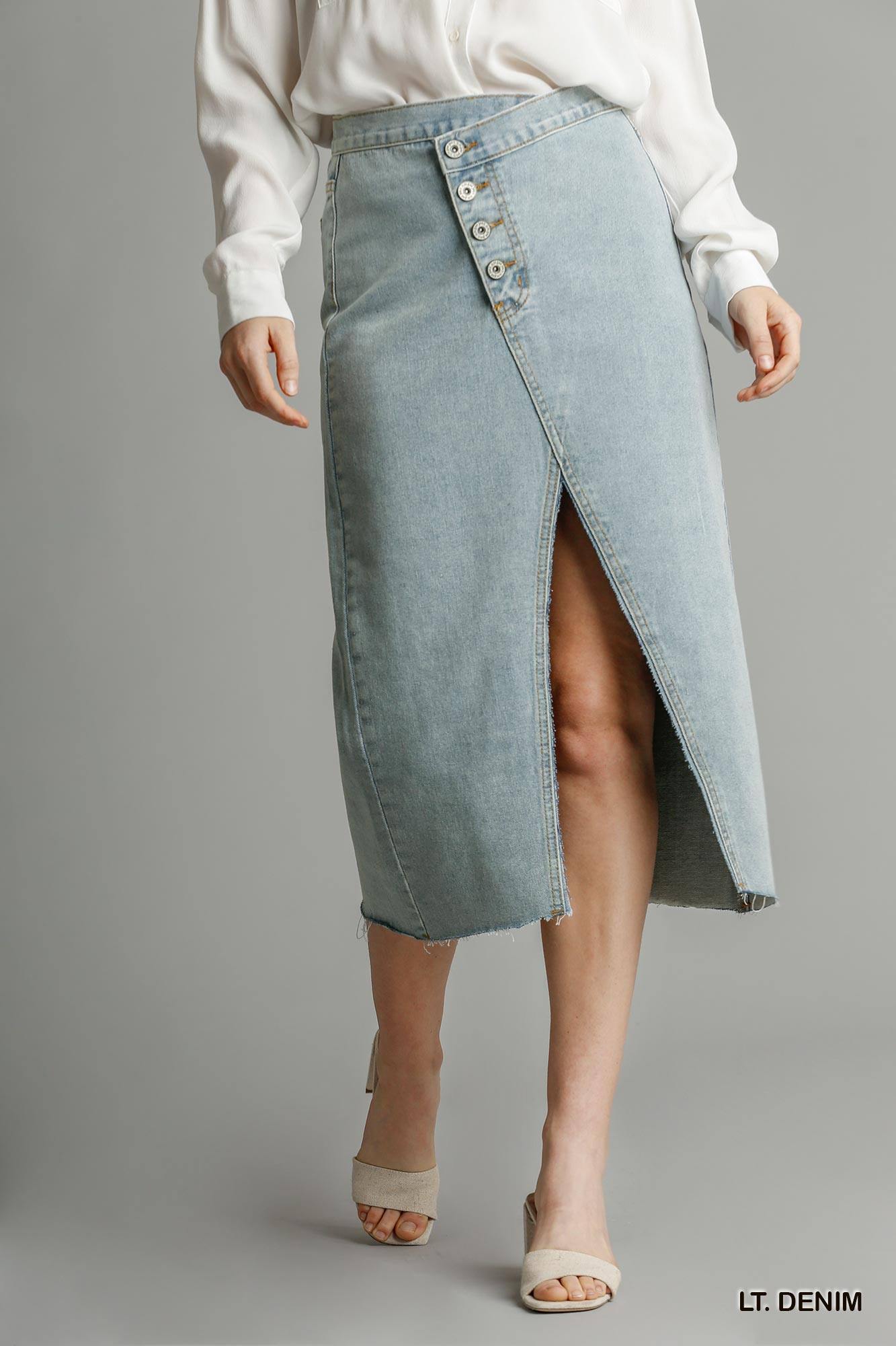 Asymmetrical Waist And Button Up Front Split Denim Skirt With Back Pockets And Unfinished Hem - Pearlara