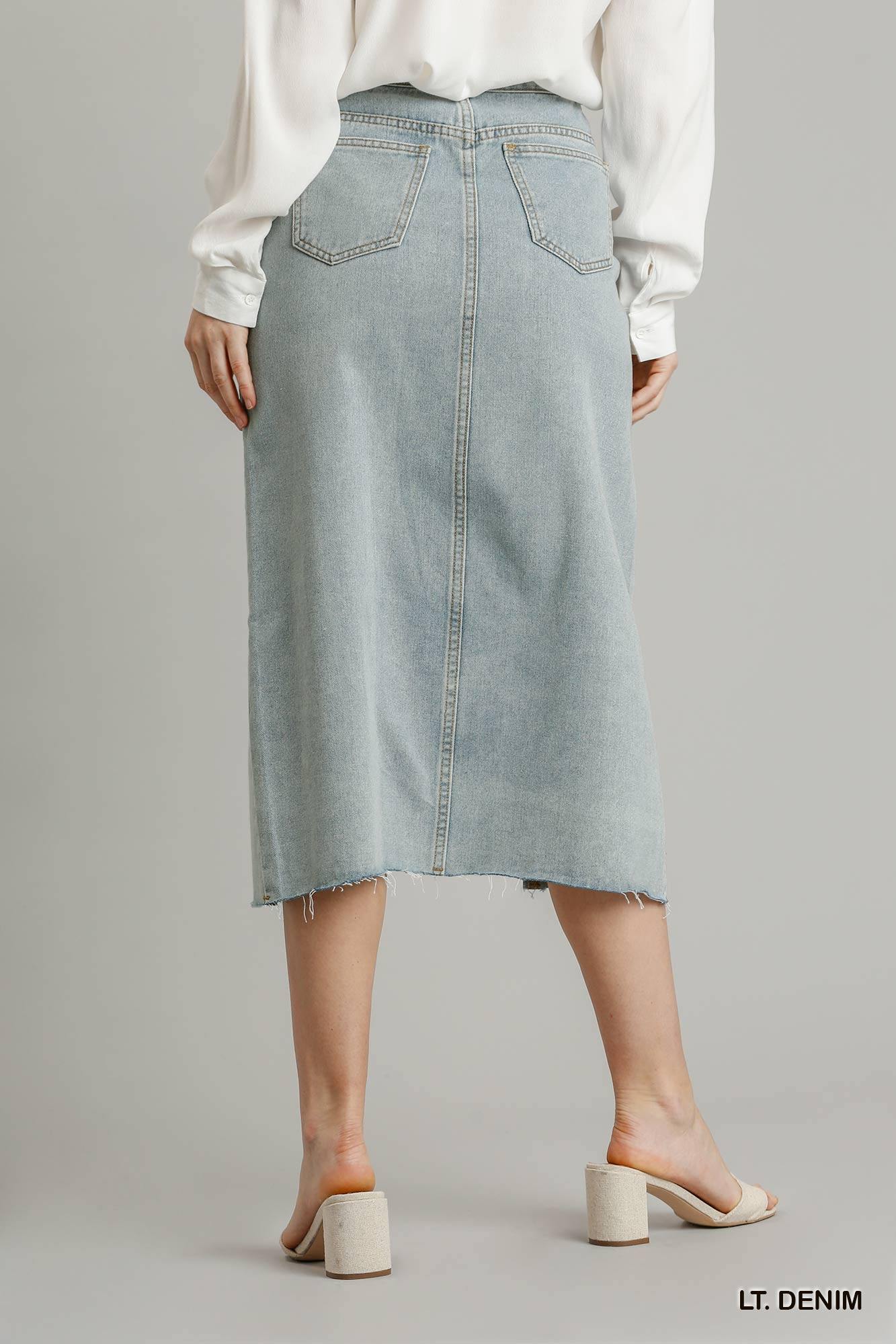 Asymmetrical Waist And Button Up Front Split Denim Skirt With Back Pockets And Unfinished Hem - Pearlara