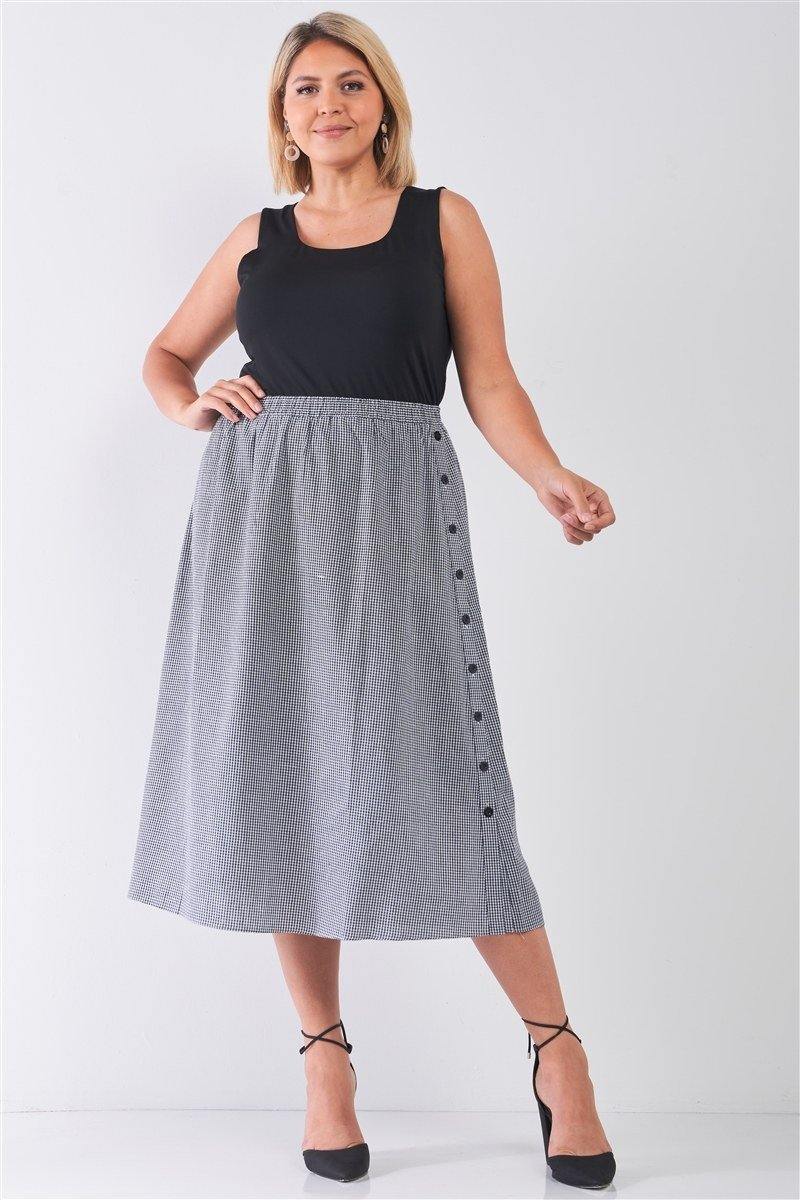Plus Size Black Gingham Print Side Button Midi Skirt - Pearlara