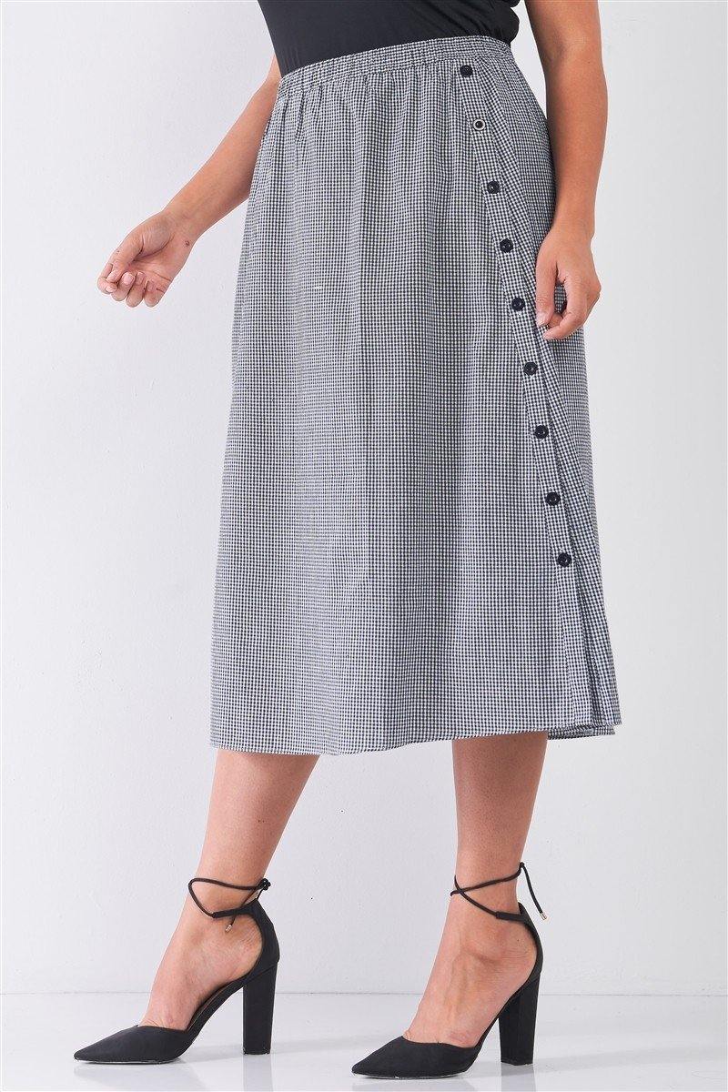 Plus Size Black Gingham Print Side Button Midi Skirt - Pearlara