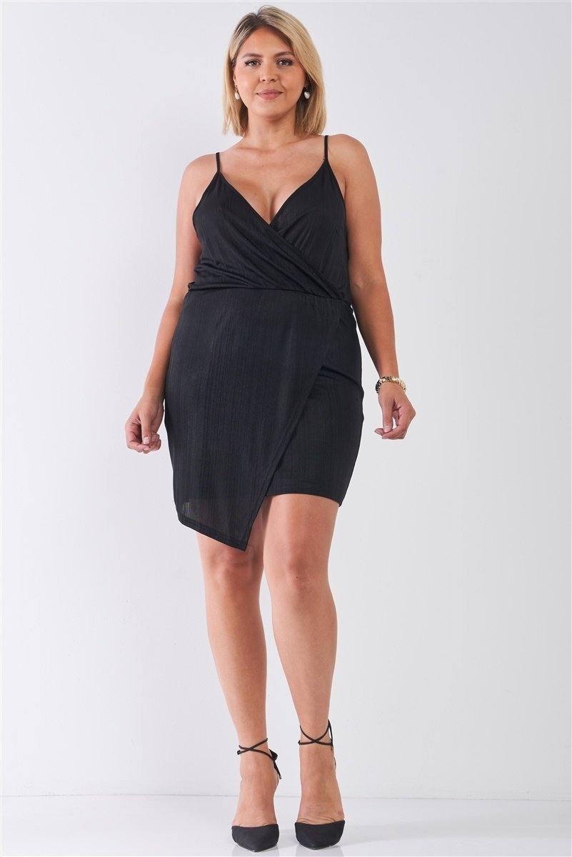 Plus Size Black Surplice Neckline Cami Mini Dress - Pearlara