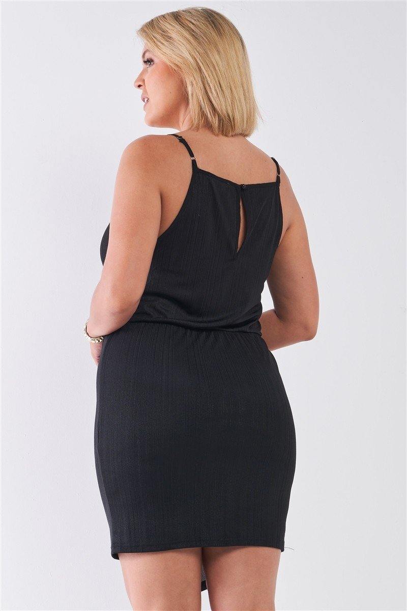 Plus Size Black Surplice Neckline Cami Mini Dress - Pearlara