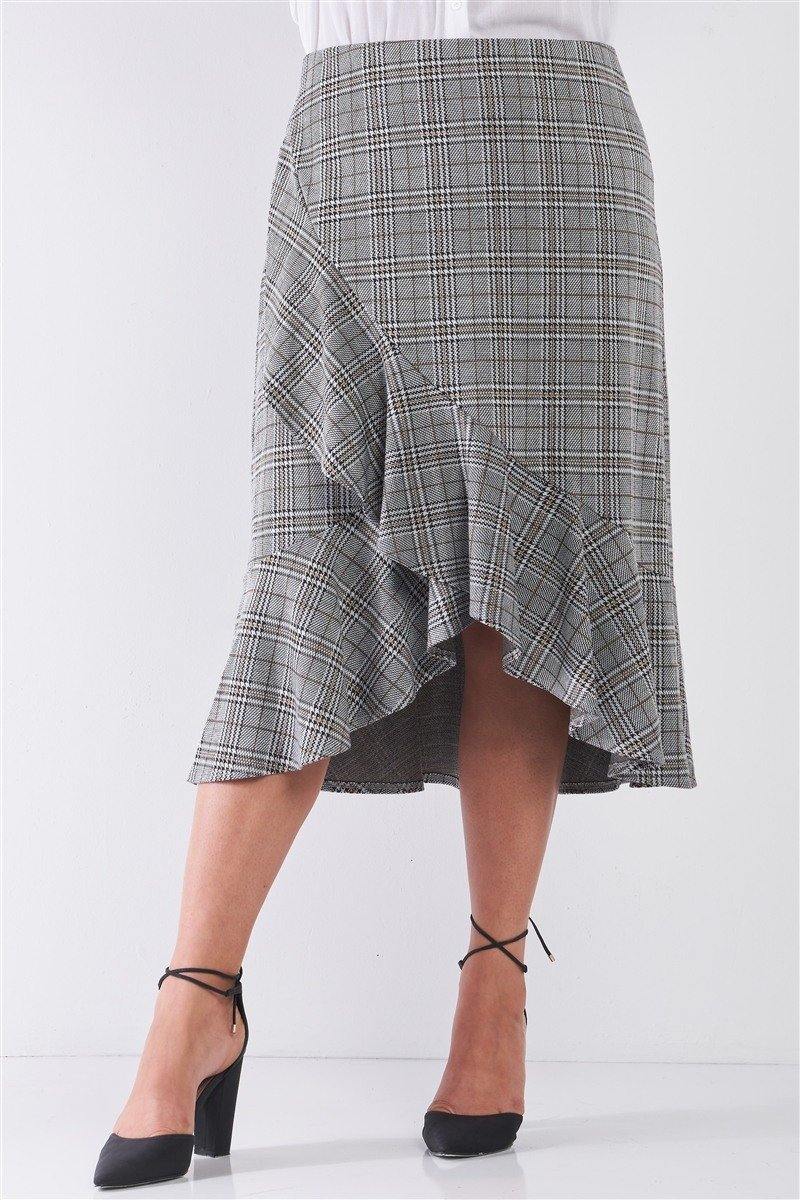 Plus Size Plaid Grey High-waist Midi Skirt - Pearlara