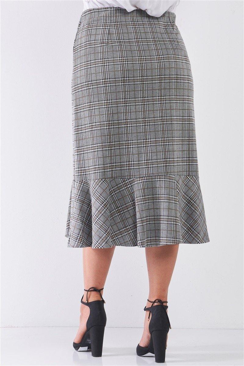 Plus Size Plaid Grey High-waist Midi Skirt - Pearlara