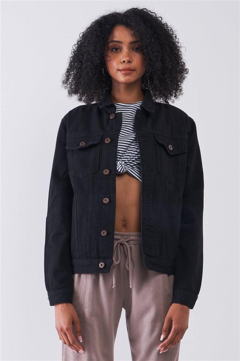 Black Oversized Long Sleeve Classic Denim Jacket - Pearlara