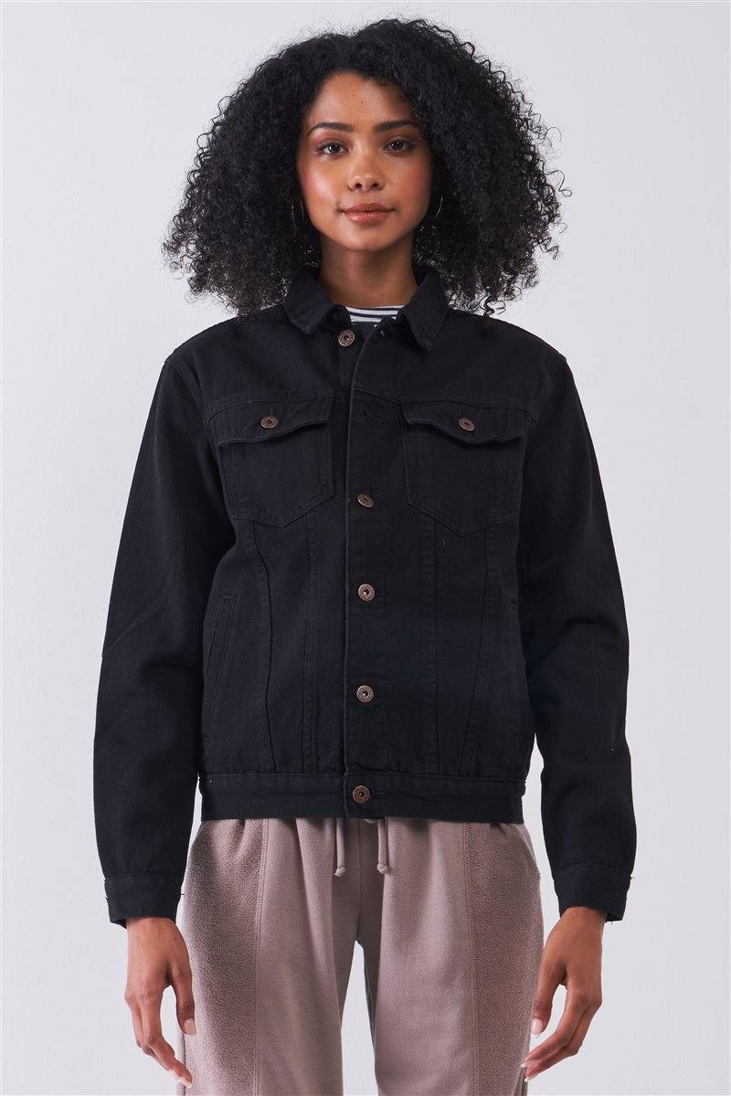 Black Oversized Long Sleeve Classic Denim Jacket - Pearlara