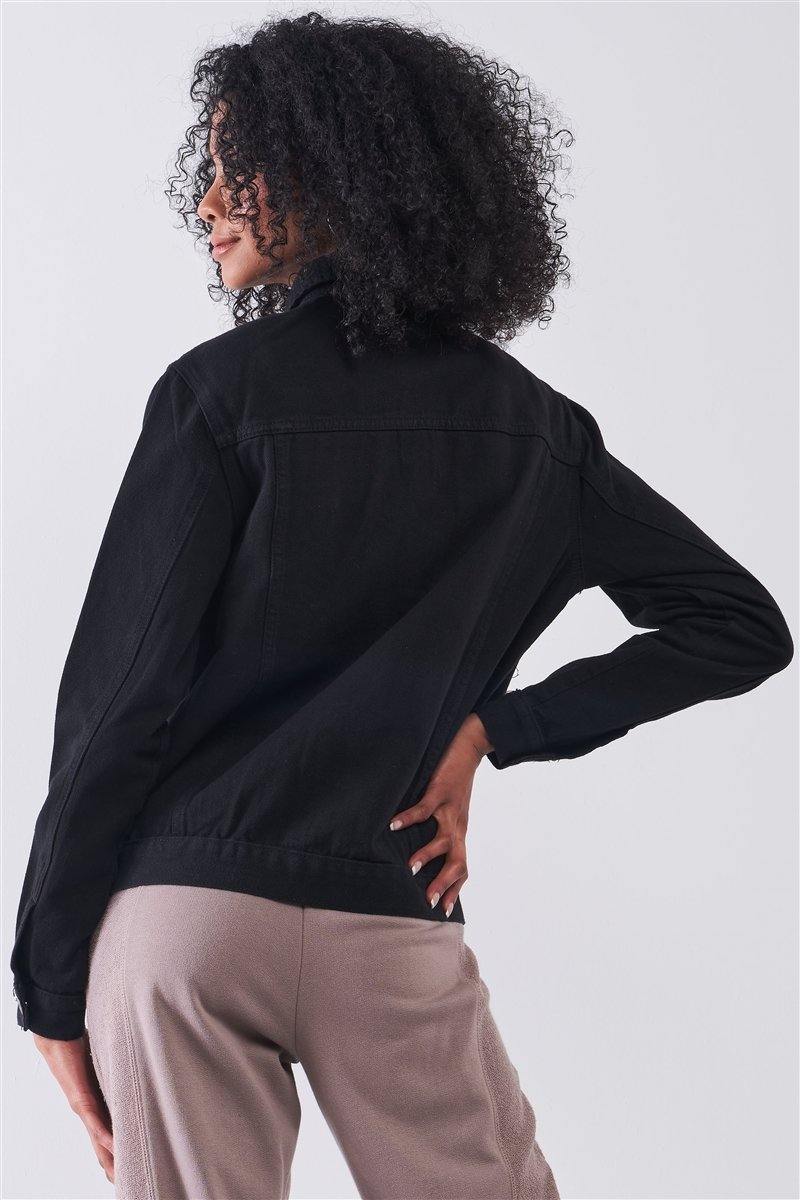 Black Oversized Long Sleeve Classic Denim Jacket - Pearlara