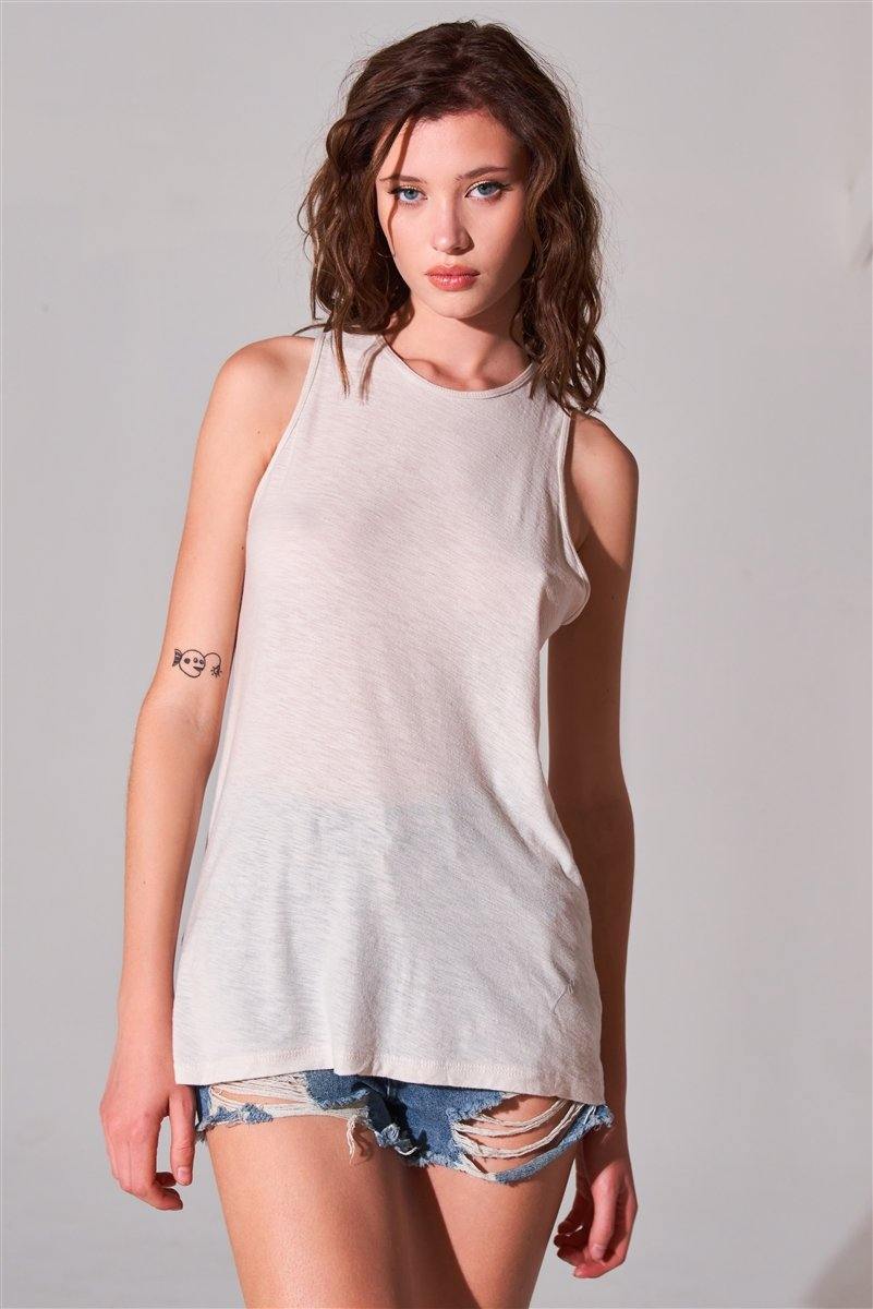 Sleeveless Crew Neck Cut-out Back Detail Longline Top - Pearlara