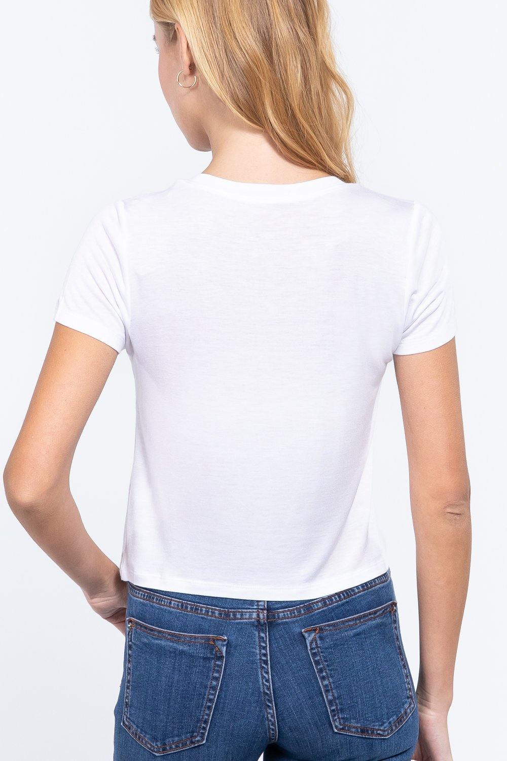 Short Slv V-neck W/pocket Crop Top - Pearlara