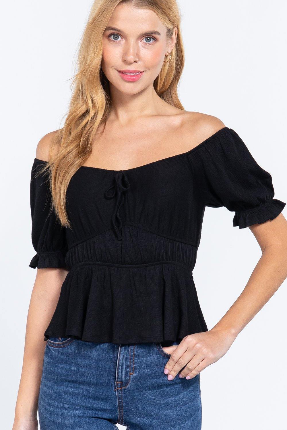 Short Off Shoulder Knit Gauze Top - Pearlara