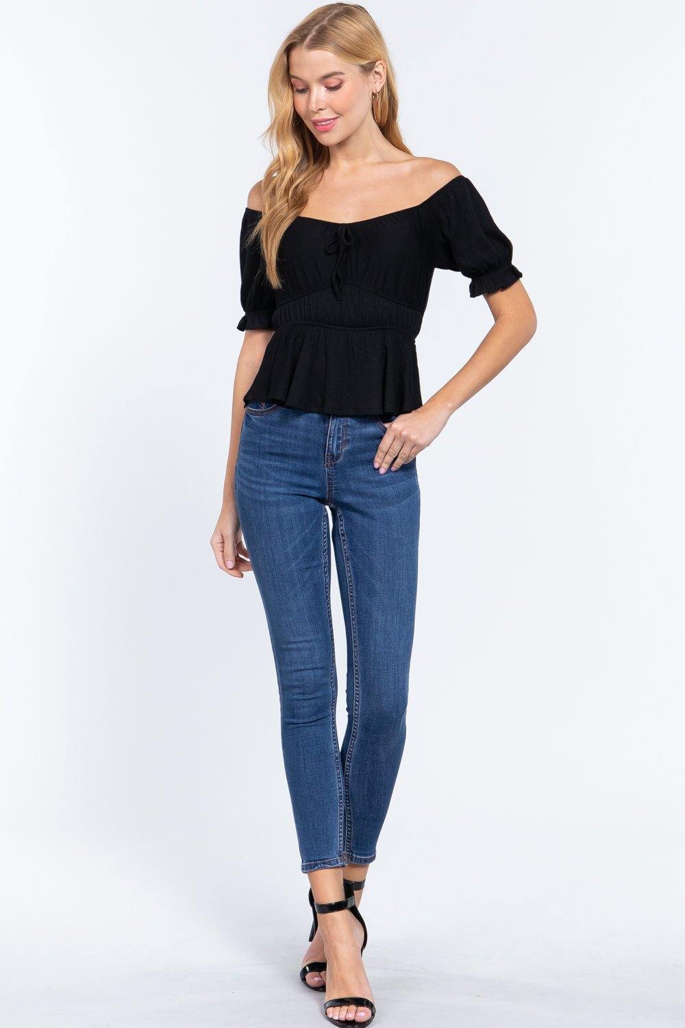 Short Off Shoulder Knit Gauze Top - Pearlara