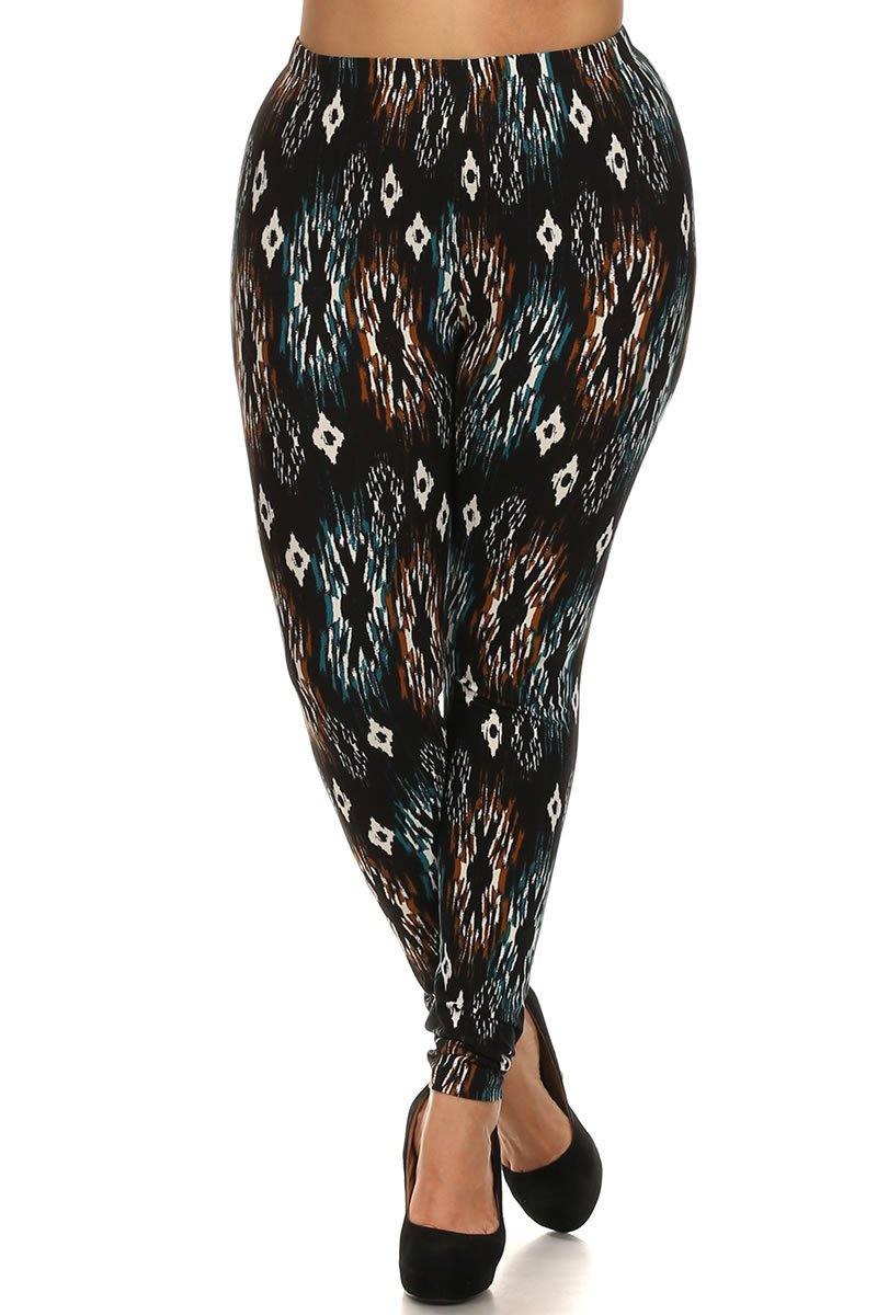 Tribal Print, Lined Leggings With Elastic Waist - Pearlara