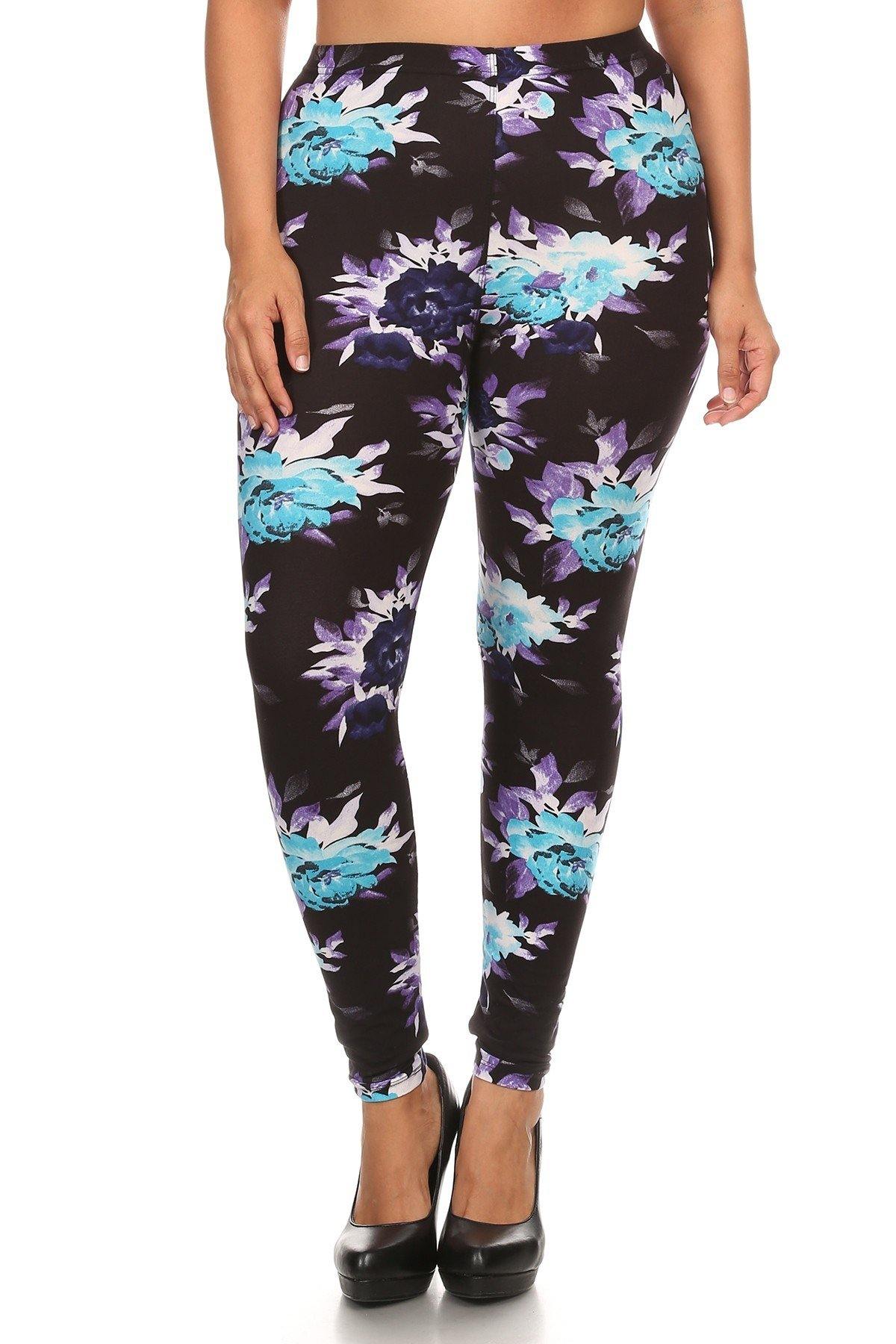 Plus Size Floral Print, Full Length Leggings In A Slim Fitting Style With A Banded High Waist - Pearlara