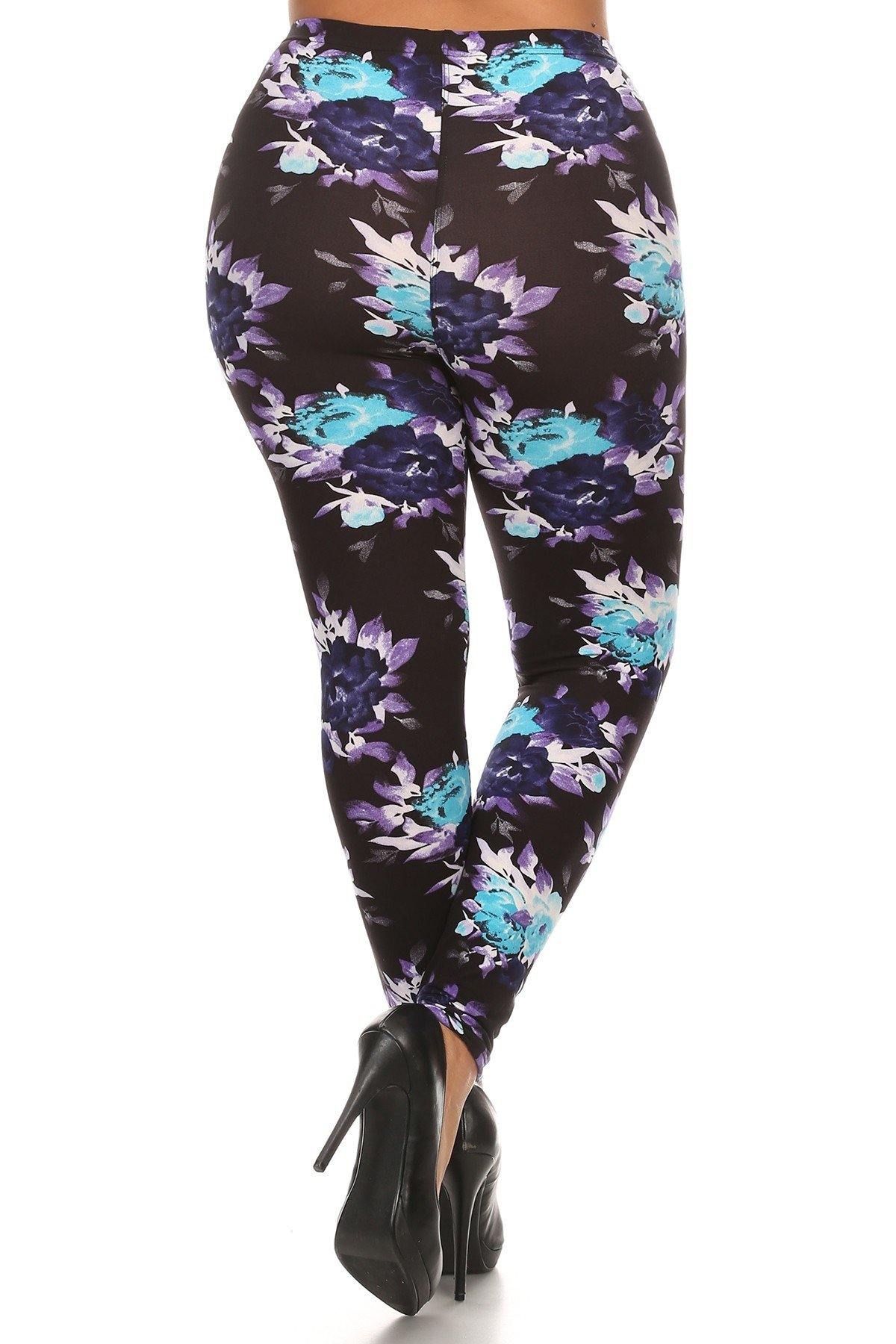 Plus Size Floral Print, Full Length Leggings In A Slim Fitting Style With A Banded High Waist - Pearlara