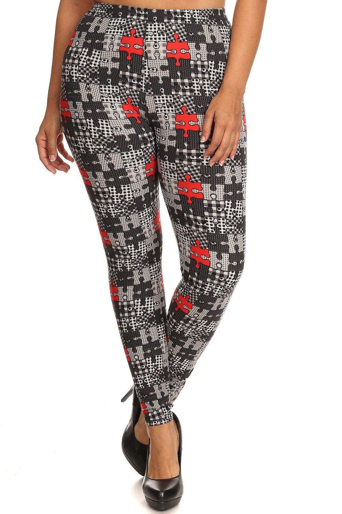 Plus Size Puzzle/plaid Print, Full Length Leggings In A Slim Fitting Style With A Banded High Waist - Pearlara