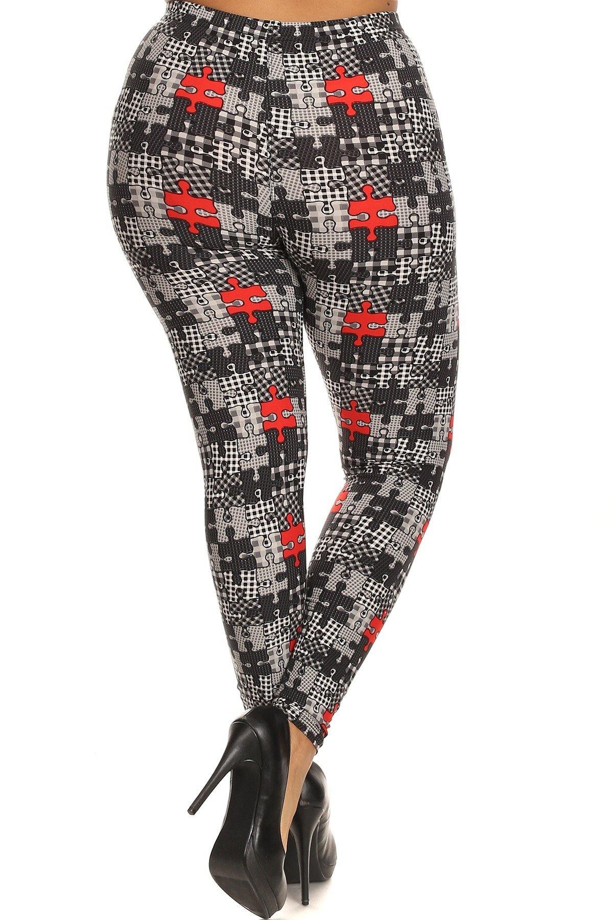 Plus Size Puzzle/plaid Print, Full Length Leggings In A Slim Fitting Style With A Banded High Waist - Pearlara