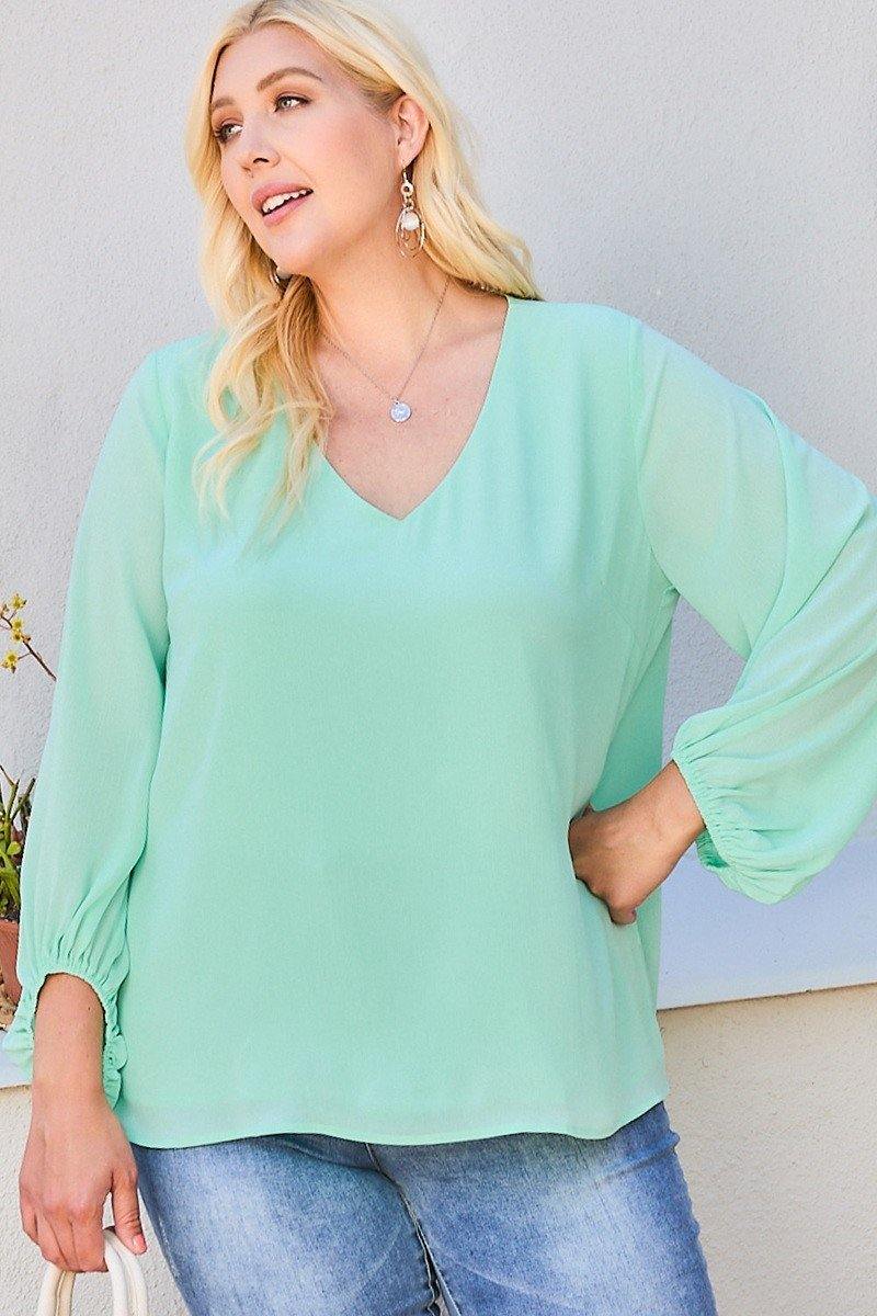 V Neck Bubble Sleeve Solid Top - Pearlara