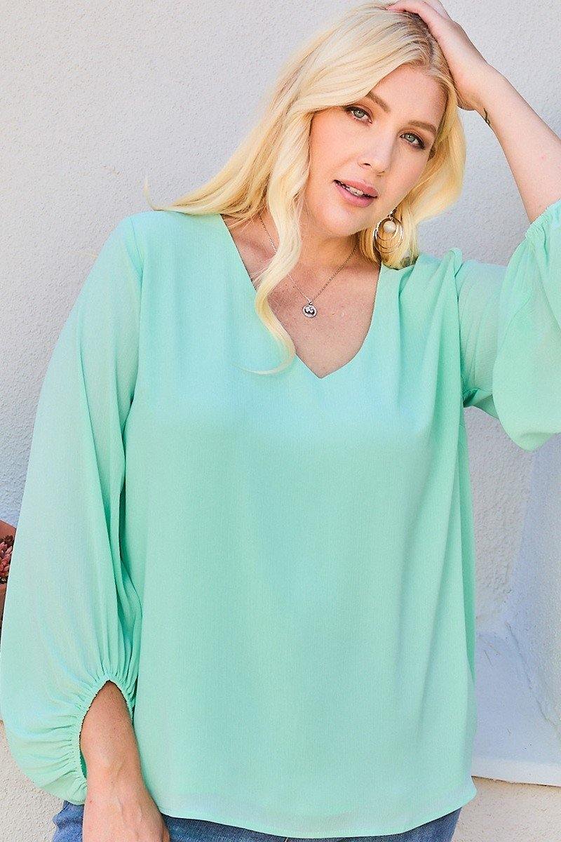 V Neck Bubble Sleeve Solid Top - Pearlara