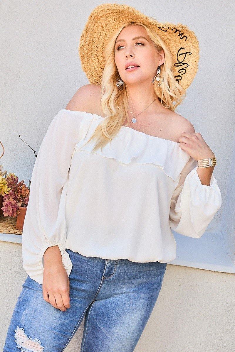 Off Shoulder Ruffle Bubble Sleeve Top - Pearlara