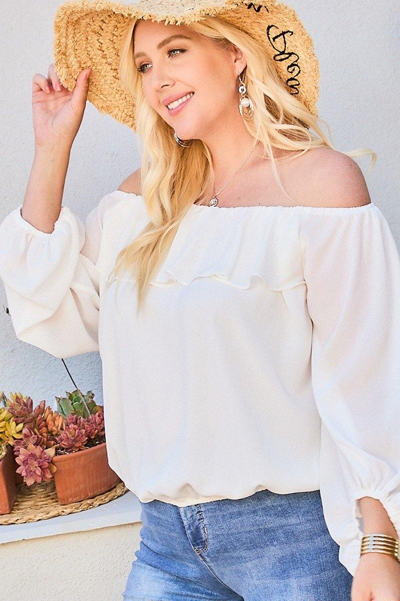 Off Shoulder Ruffle Bubble Sleeve Top - Pearlara