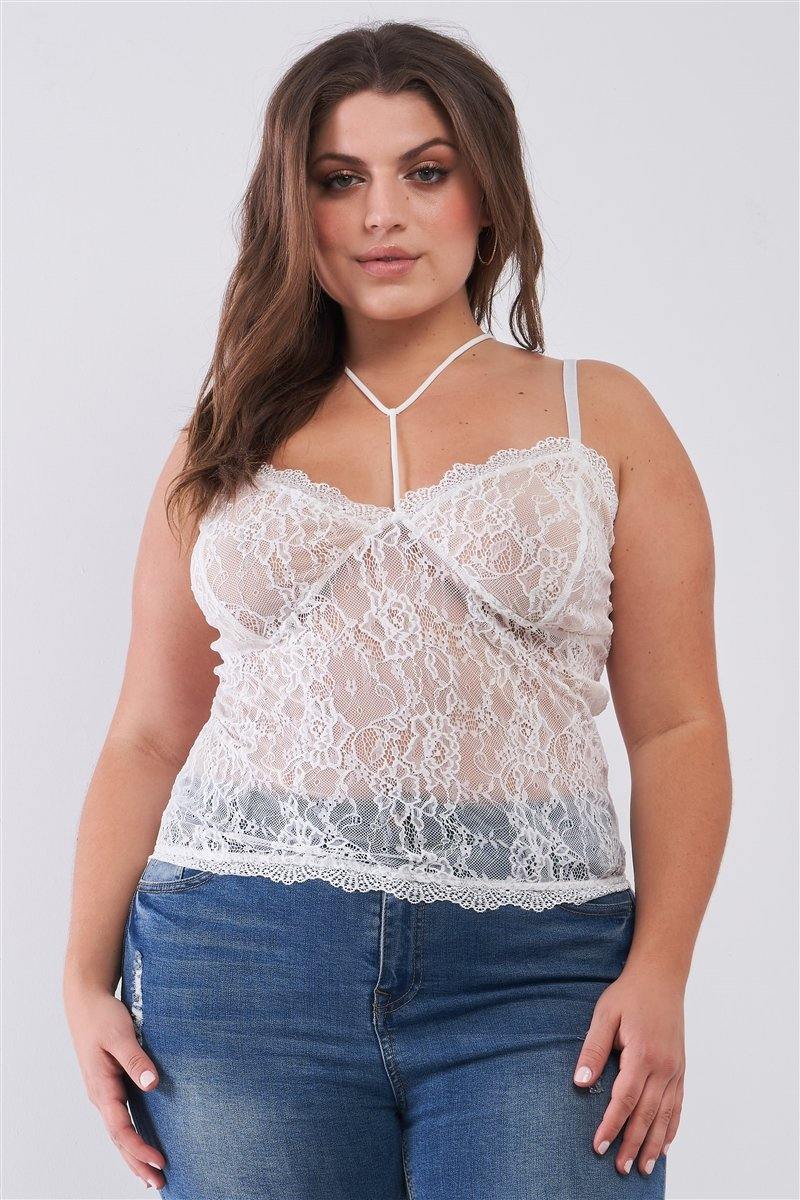 Plus Size Sleeveless Sheer Lace Halter Neck Detail Bustier Top - Pearlara