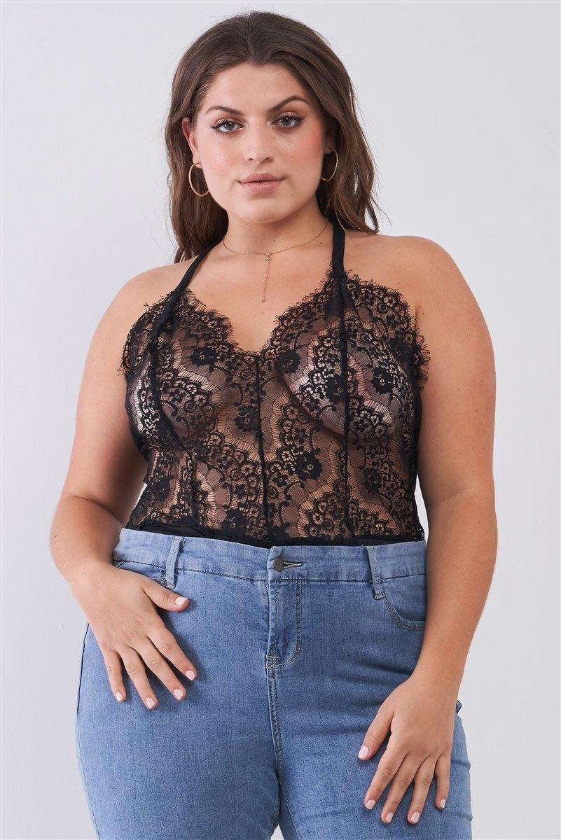 Plus Size Sheer Lace Sleeveless V-neck Criss-cross Back Strap Bodysuit - Pearlara