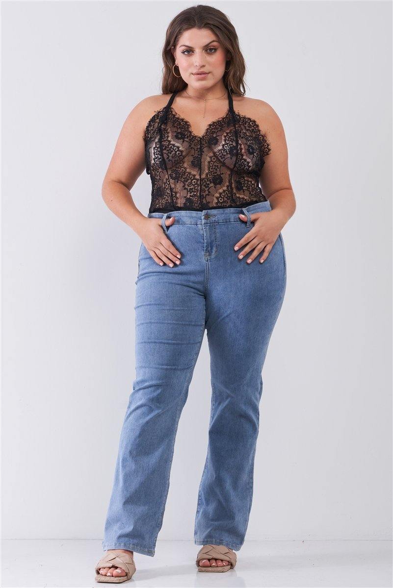 Plus Size Sheer Lace Sleeveless V-neck Criss-cross Back Strap Bodysuit - Pearlara