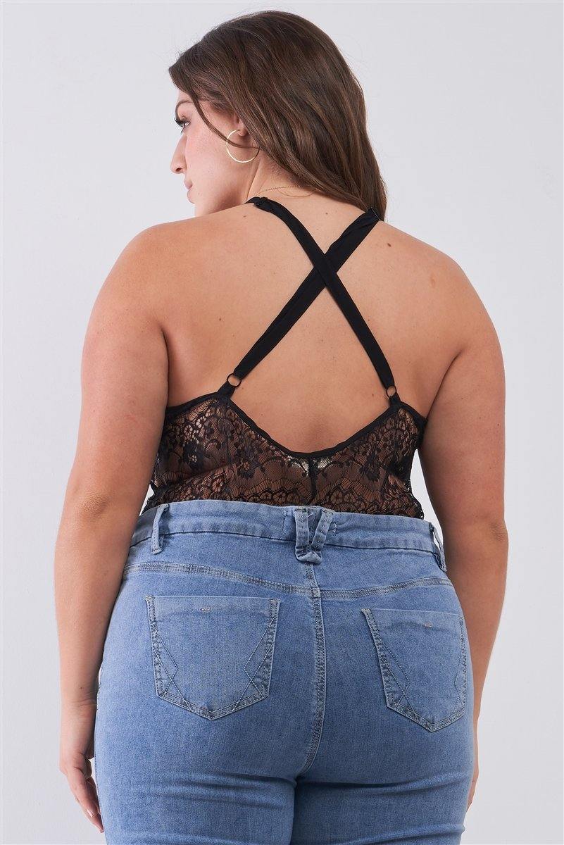 Plus Size Sheer Lace Sleeveless V-neck Criss-cross Back Strap Bodysuit - Pearlara