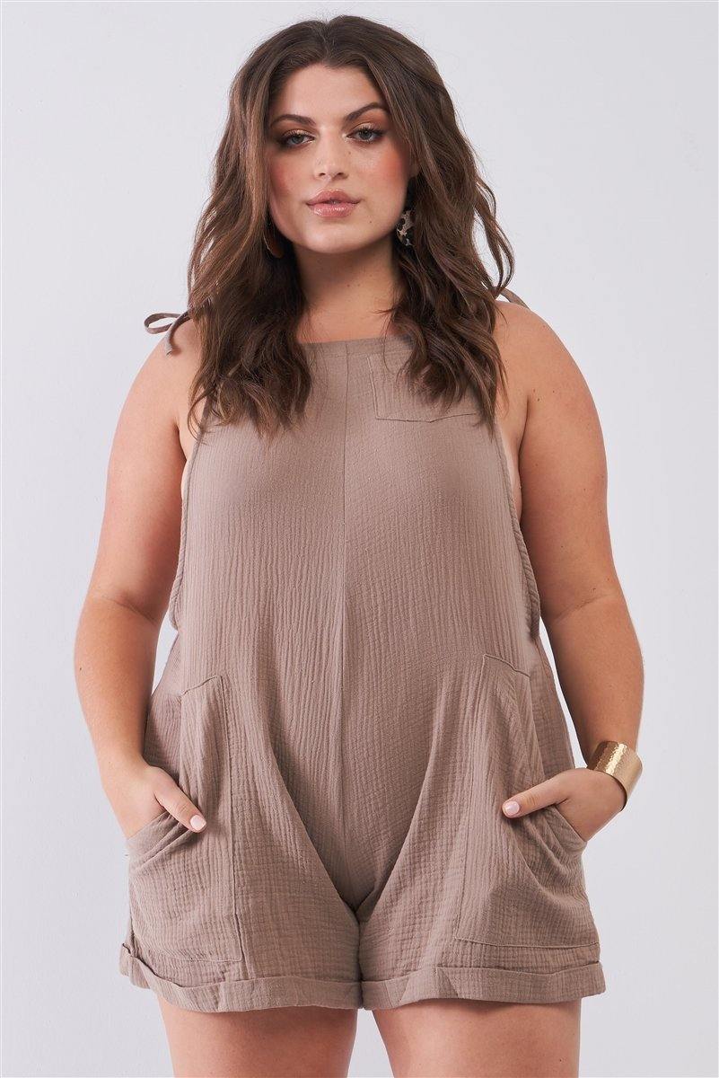 Plus Taupe Square Neck Sleeveless Self-tie Shoulders Drawstrings Front And Side Pockets Cuffed Romper - Pearlara